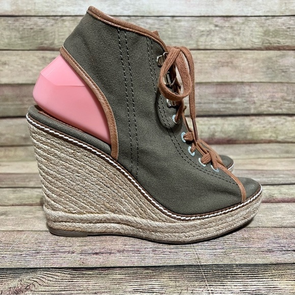 Tory Burch Green Canvas Wedge Lace Up Espadrilles - Picture 4 of 9